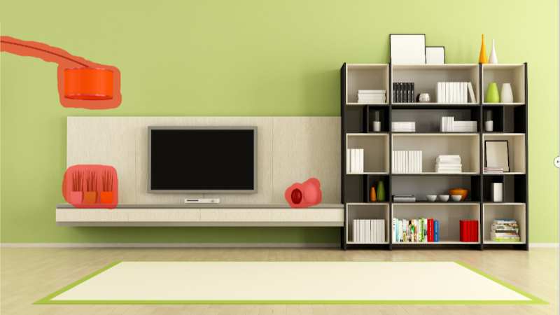 Living room with marked objects